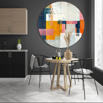 Abstract geometrisch schilderij met felle kleuren aluminium muurcirkel