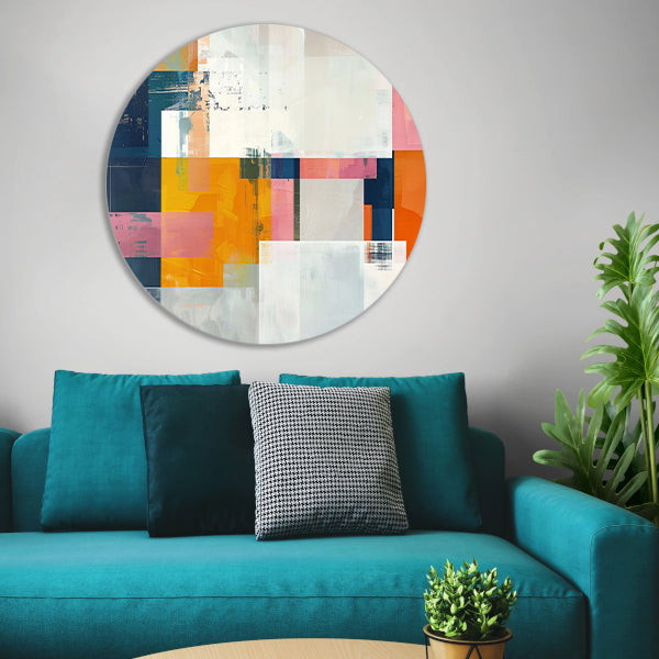Abstract geometrisch schilderij met felle kleuren aluminium muurcirkel