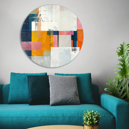 Abstract geometrisch schilderij met felle kleuren aluminium muurcirkel