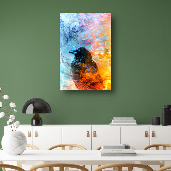 Digitale kunst vogel met vlammen en rook poster