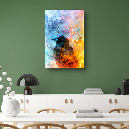 Digitale kunst vogel met vlammen en rook poster