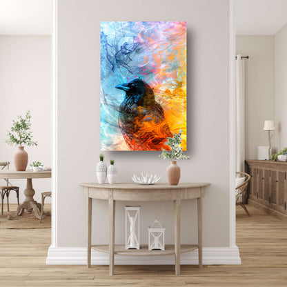 Digitale kunst vogel met vlammen en rook poster