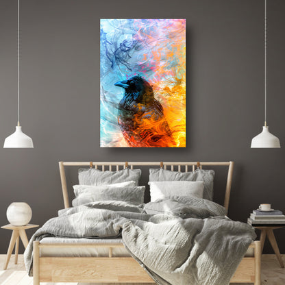 Digitale kunst vogel met vlammen en rook poster