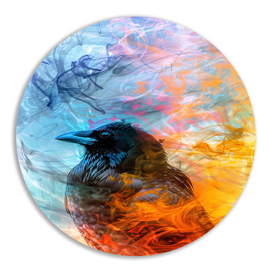 Digitale kunst vogel met vlammen en rook aluminium muurcirkel