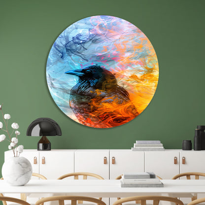 Digitale kunst vogel met vlammen en rook aluminium muurcirkel