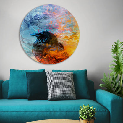 Digitale kunst vogel met vlammen en rook aluminium muurcirkel