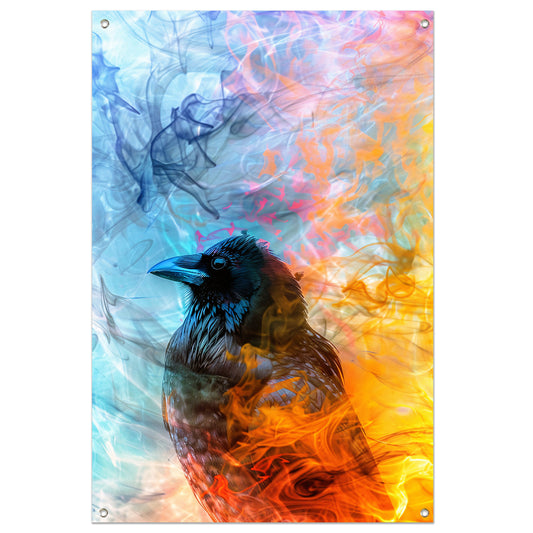 Digitale kunst vogel met vlammen en rook tuinposter