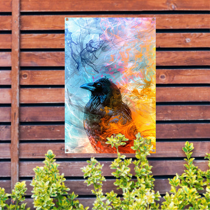 Digitale kunst vogel met vlammen en rook tuinposter