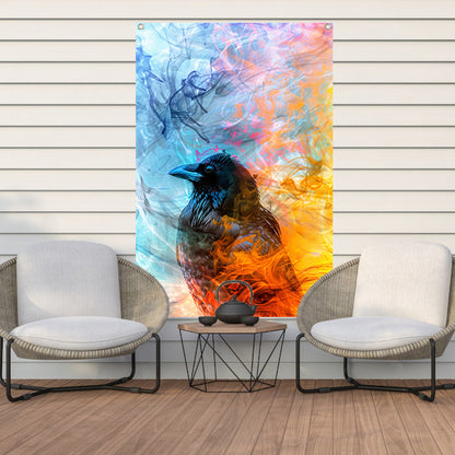 Digitale kunst vogel met vlammen en rook tuinposter