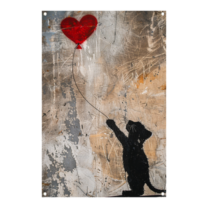 Silhouet van kat met rood hartvormige ballon tuinposter