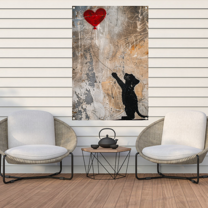 Silhouet van kat met rood hartvormige ballon tuinposter