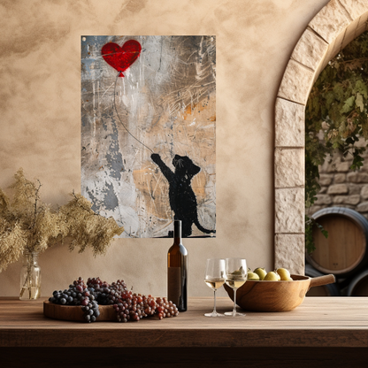 Silhouet van kat met rood hartvormige ballon tuinposter