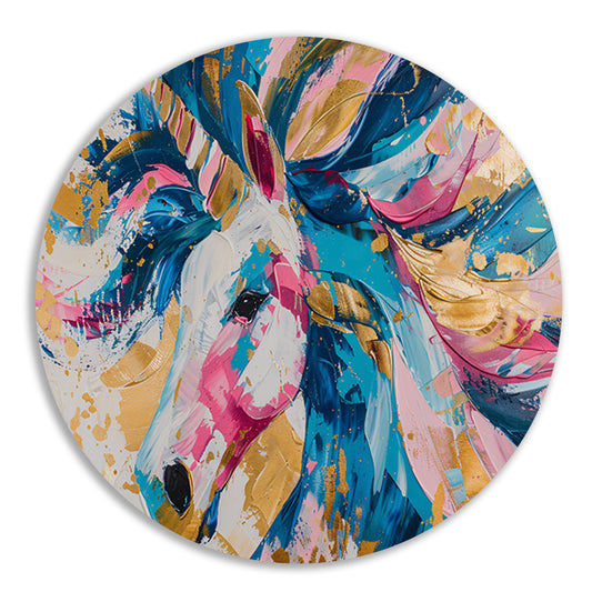Kleurrijk abstract schilderij van een eenhoorn aluminium muurcirkel