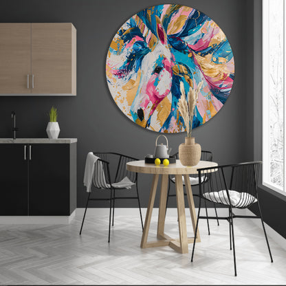 Kleurrijk abstract schilderij van een eenhoorn aluminium muurcirkel