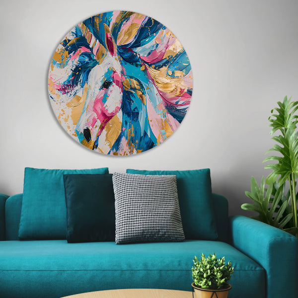 Kleurrijk abstract schilderij van een eenhoorn forex muurcirkel