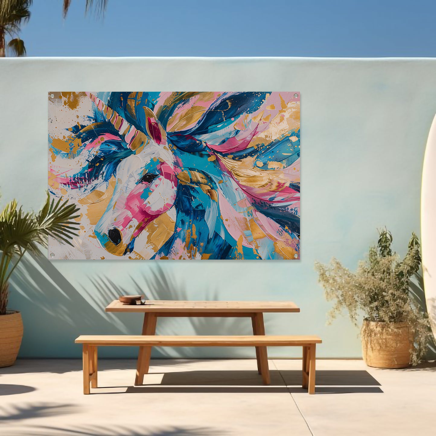 Kleurrijk abstract schilderij van een eenhoorn tuinposter
