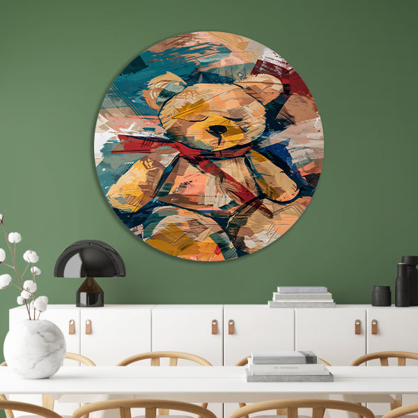 Abstracte Schilderij van een Teddybeer met Sjaal aluminium muurcirkel