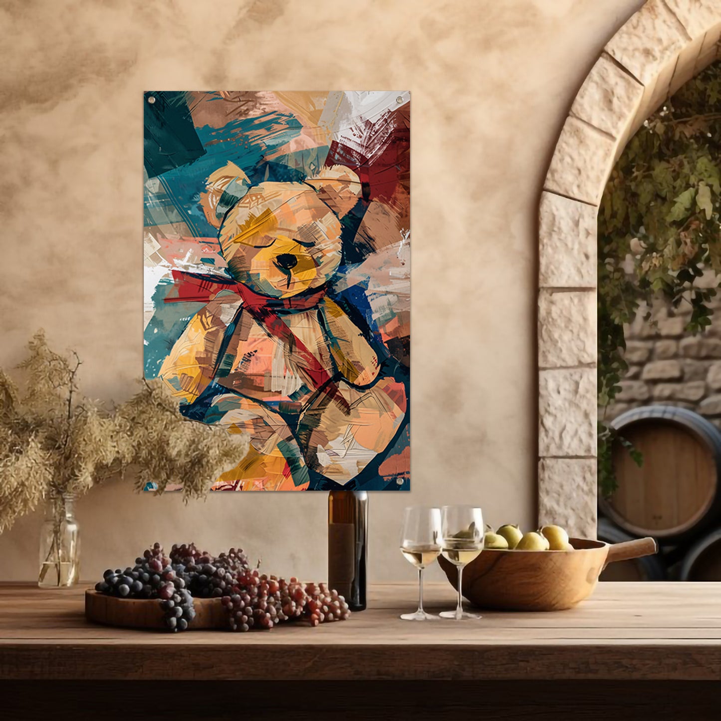 Abstracte Schilderij van een Teddybeer met Sjaal tuinposter