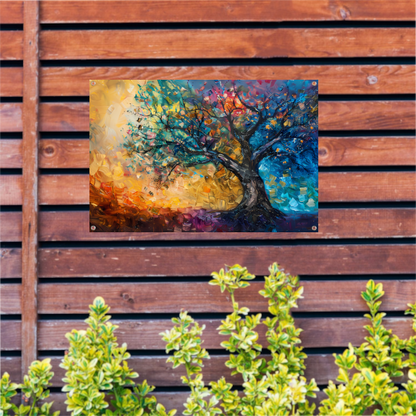 Abstract geschilderde kleurrijke boom in olieverf tuinposter