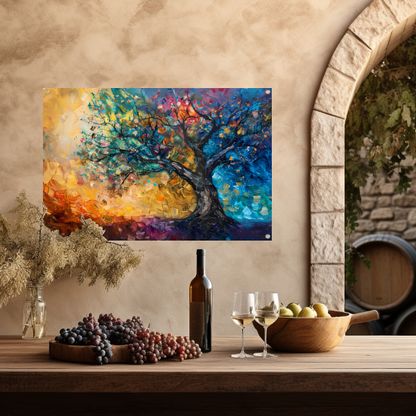 Abstract geschilderde kleurrijke boom in olieverf tuinposter
