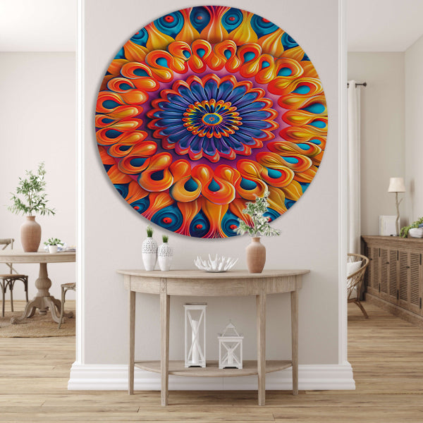 Kleurrijk Mandala met Bloem in het Midden aluminium muurcirkel