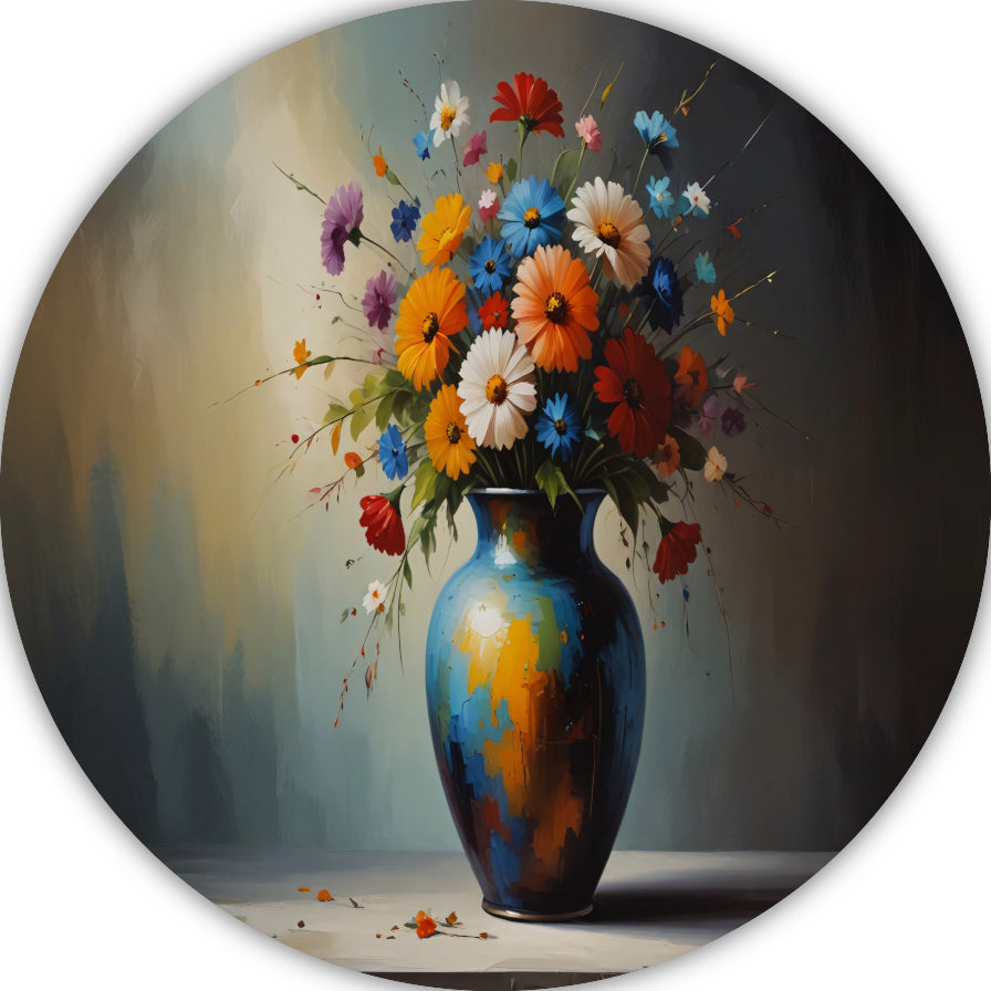 Bloeiende Bloemen in Blauwe Vaas Stilleven forex muurcirkel