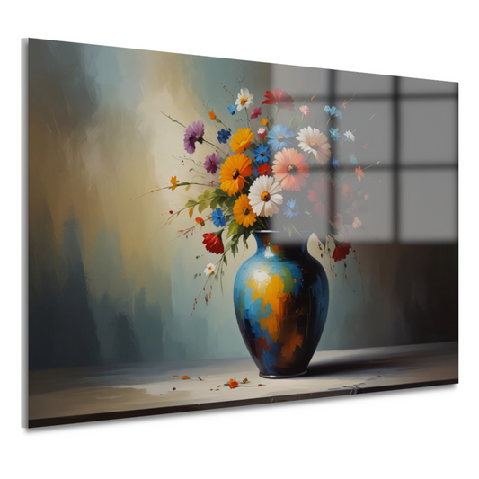 Bloeiende Bloemen in Blauwe Vaas Stilleven acrylglas