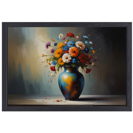 Bloeiende Bloemen in Blauwe Vaas Stilleven canvas met baklijst