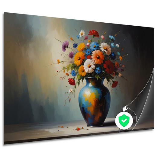 Bloeiende Bloemen in Blauwe Vaas Stilleven poster