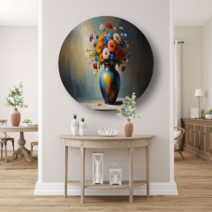 Bloeiende Bloemen in Blauwe Vaas Stilleven aluminium muurcirkel