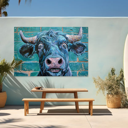 Expressieve koe op levendige bakstenen achtergrond tuinposter