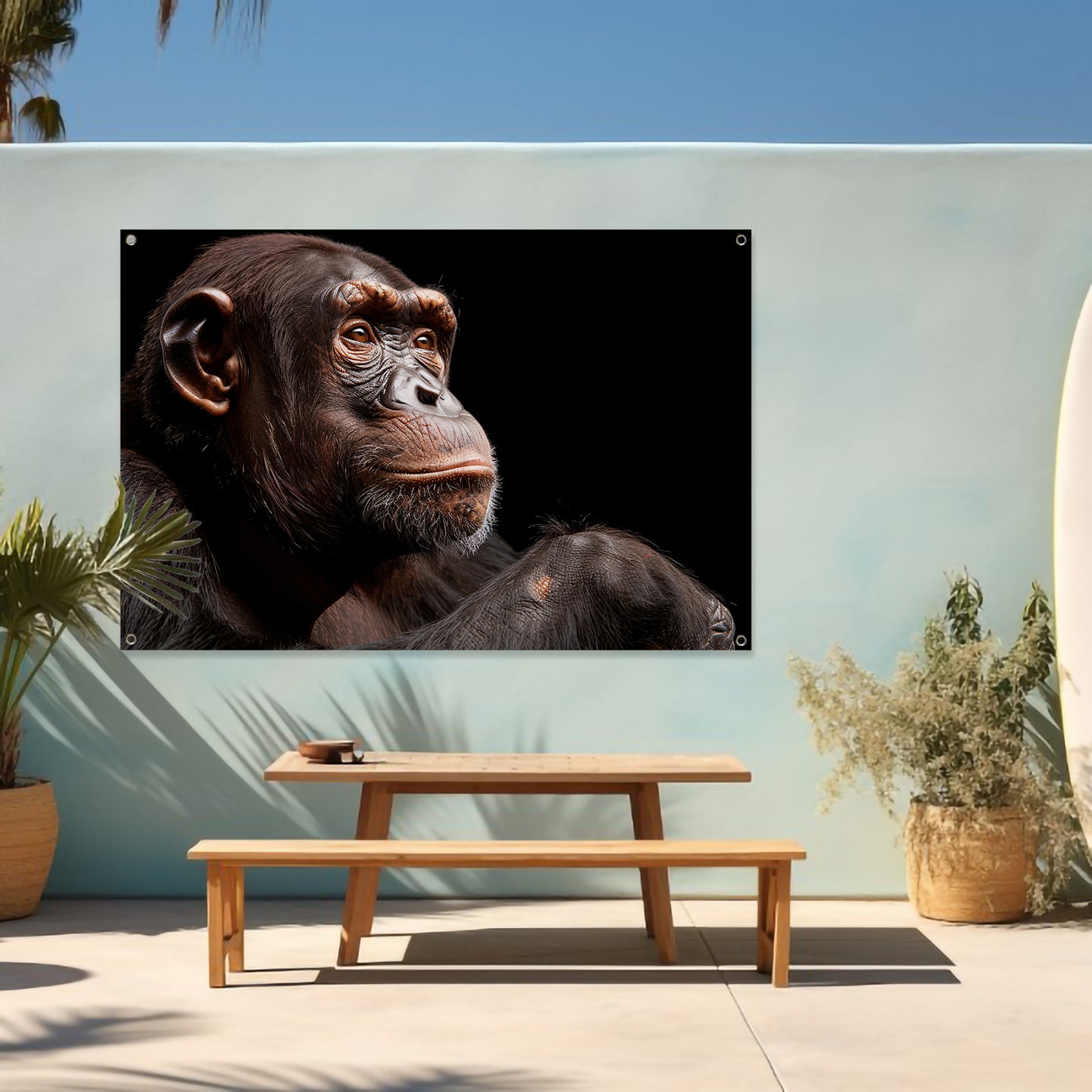 Gedetailleerd portret van een chimpansee tuinposter