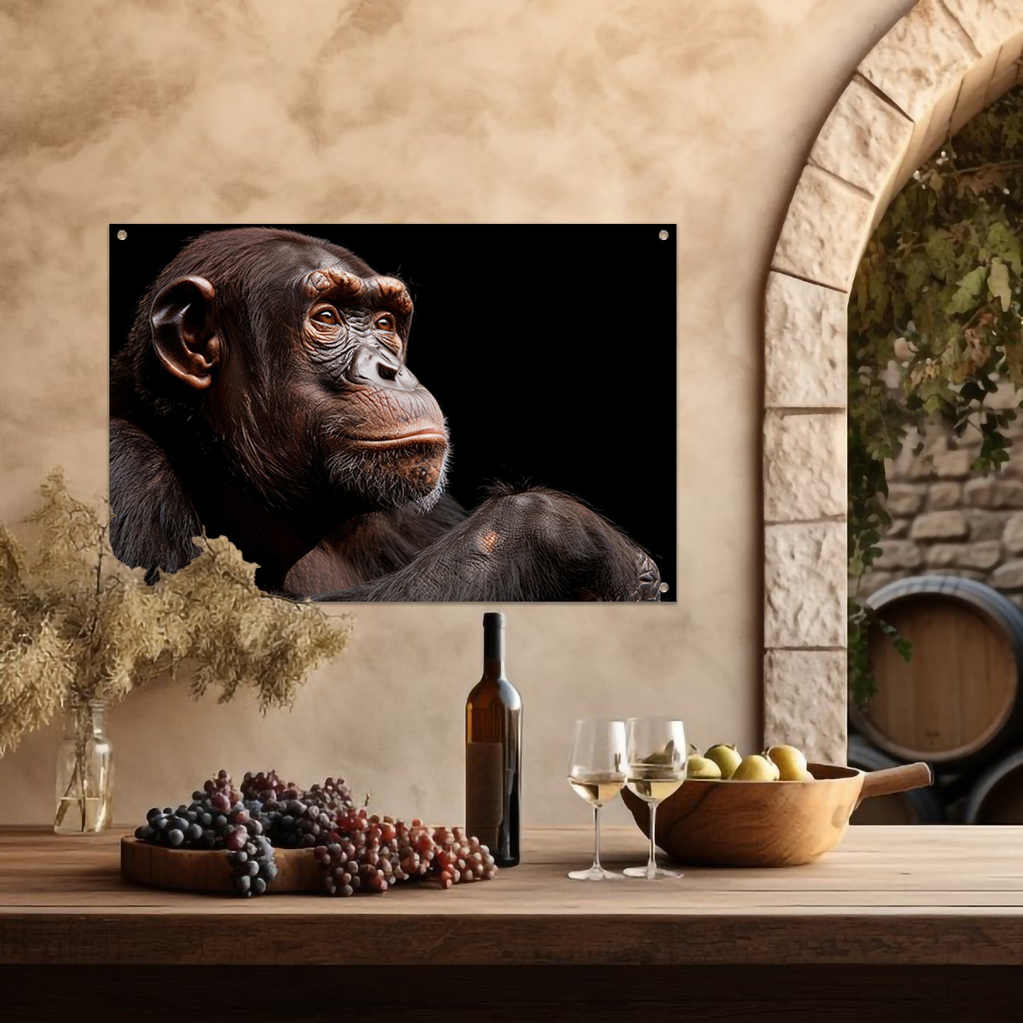 Gedetailleerd portret van een chimpansee tuinposter