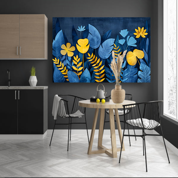 Blauwe en gele planten tegen donkerblauwe achtergrond poster