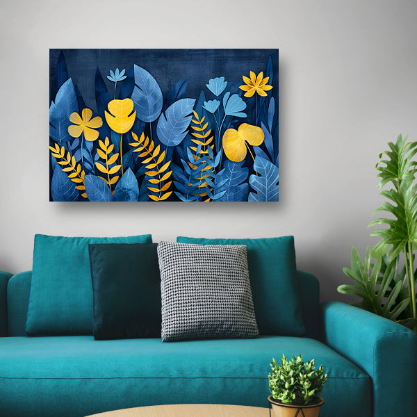 Blauwe en gele planten tegen donkerblauwe achtergrond canvas