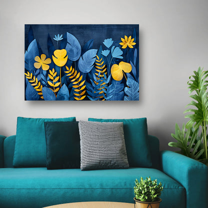 Blauwe en gele planten tegen donkerblauwe achtergrond canvas