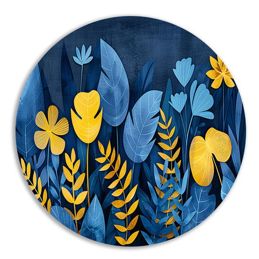 Blauwe en gele planten tegen donkerblauwe achtergrond aluminium muurcirkel