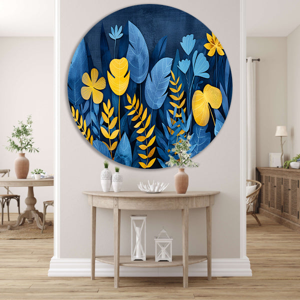 Blauwe en gele planten tegen donkerblauwe achtergrond aluminium muurcirkel