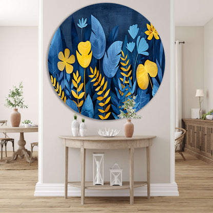 Blauwe en gele planten tegen donkerblauwe achtergrond aluminium muurcirkel