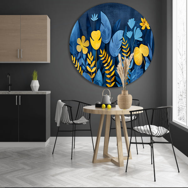 Blauwe en gele planten tegen donkerblauwe achtergrond aluminium muurcirkel