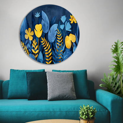 Blauwe en gele planten tegen donkerblauwe achtergrond aluminium muurcirkel