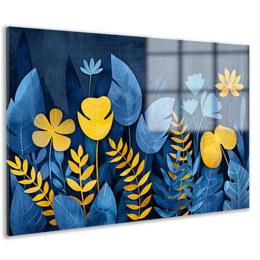 Blauwe en gele planten tegen donkerblauwe achtergrond acrylglas