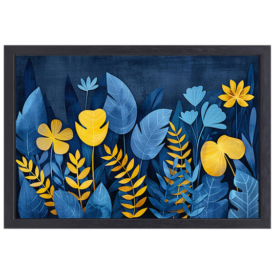 Blauwe en gele planten tegen donkerblauwe achtergrond canvas met baklijst