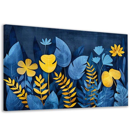 Blauwe en gele planten tegen donkerblauwe achtergrond canvas