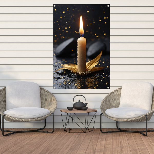Kaarslicht met Gouden Veer op Zwarte Ondergrond tuinposter
