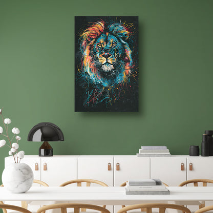 Abstract kleurenportret van een leeuw canvas met baklijst
