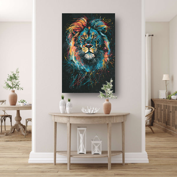 Abstract kleurenportret van een leeuw canvas met baklijst