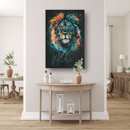 Abstract kleurenportret van een leeuw canvas met baklijst