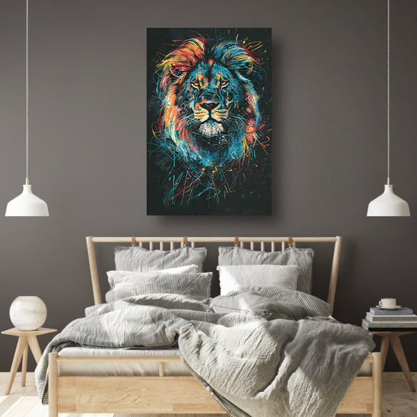 Abstract kleurenportret van een leeuw canvas met baklijst