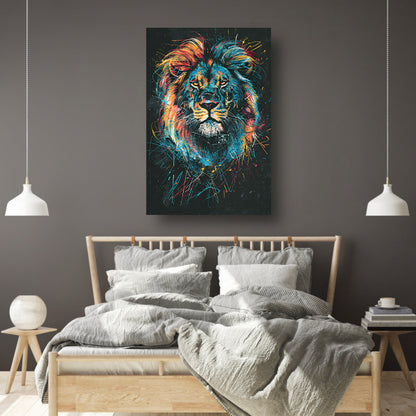 Abstract kleurenportret van een leeuw canvas met baklijst